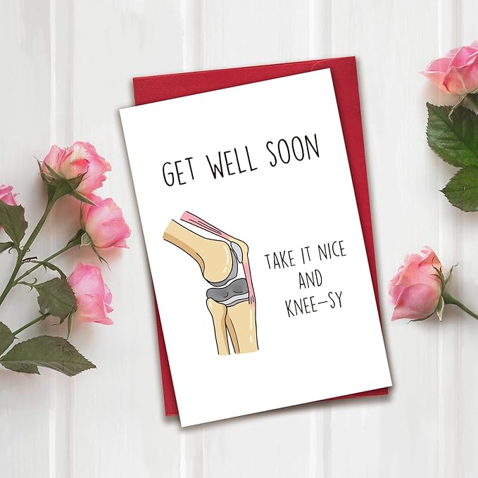 Funny Get Well Soon Knee Card for Friends, After Surgery Recovery Gifts for Women Men, Hilarious Get Better Card for Him Her, Take It Nice and Knee-sy Card