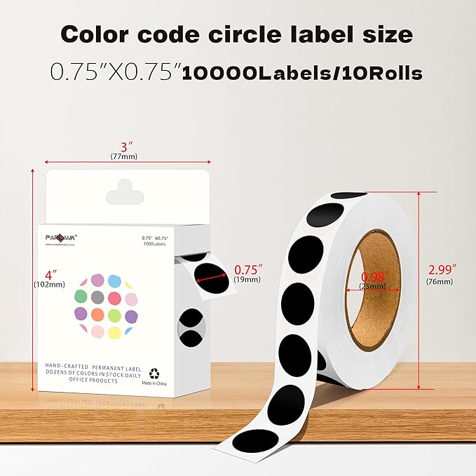 PARLAIM 10 Rolls 3/4" Dot Stickers, 10000 Pack Round Color-Code Circle Labels, Black Sticker for Color Coding