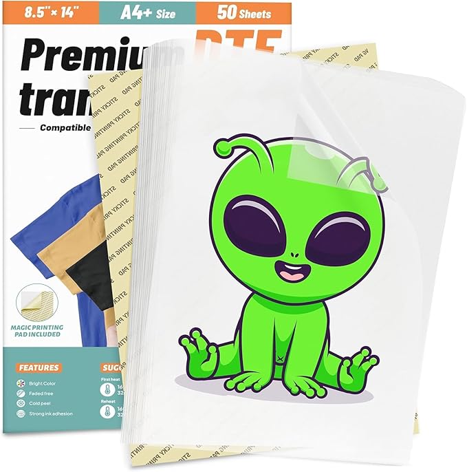 KASYU DTF Transfer Film, 50 Sheets 8.5"*14" DTF Paper with Smart Printing Pad for All Sublimation and DTF Printers,DTF Film for Sublimation Hack, Premium Direct to Film for All Color Fabric