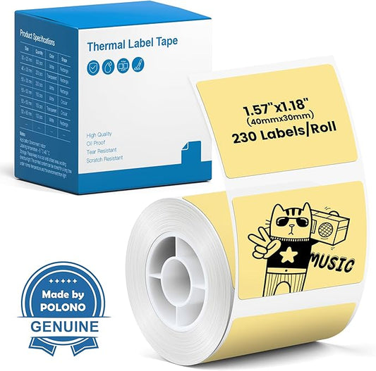 POLONO Genuine Thermal Labels for PM220S Label Makers, 1.57"x1.18" (40x30mm) Thermal Label, Waterproof, Multi-Purpose Self-Adhesive Labels for Small Bussiness, Office, School, 230 Labels/Roll (Yellow)
