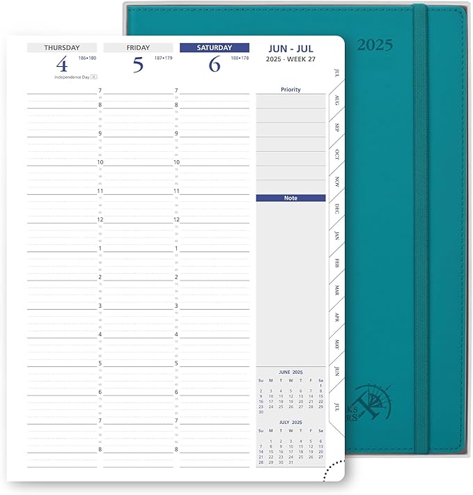 POPRUN 2025 Weekly Planner 8.5" x 11", Quarter-Hourly Appointment Book with PU Leather Soft Cover, Dual Pockets, Gift Box, Monthly Tabs, 100GSM Thick Paper, Sunday Start - Pacific Green
