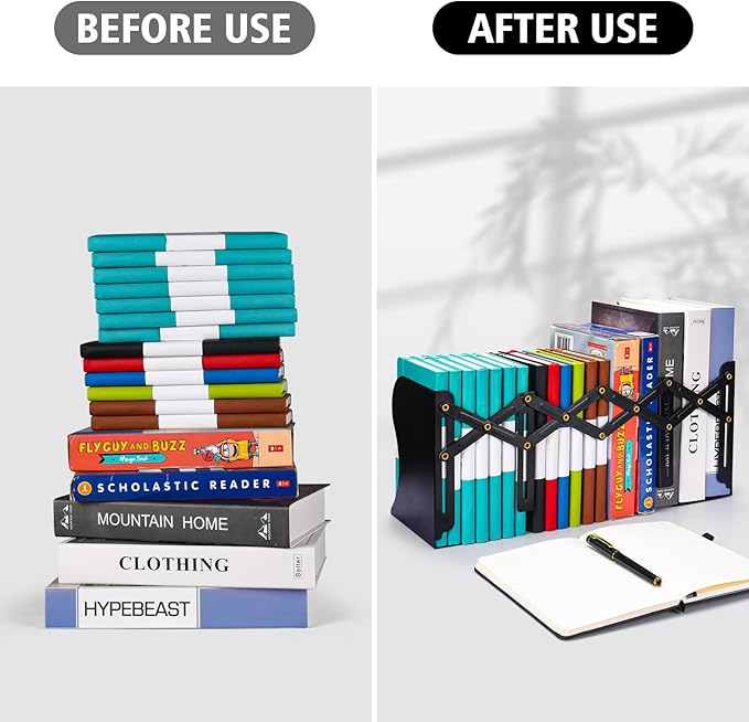 2PCS Adjustable Bookends, Metal Book Ends for Heavy Book, 2 Dividers, Nonslip Book Stander for Desk, Shelf, Office, Stationery Gift, Extends up to 19 inches (Black)