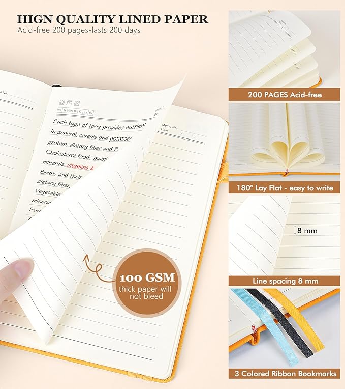 Lined Journal Notebook for Women and Men,Hardcover Leather Journaling Notebook for Writing, Travel, Business, Work and School,200 Pages A5 Notebook for Note Taking, Diary 5.9" × 8.5" - Yellow