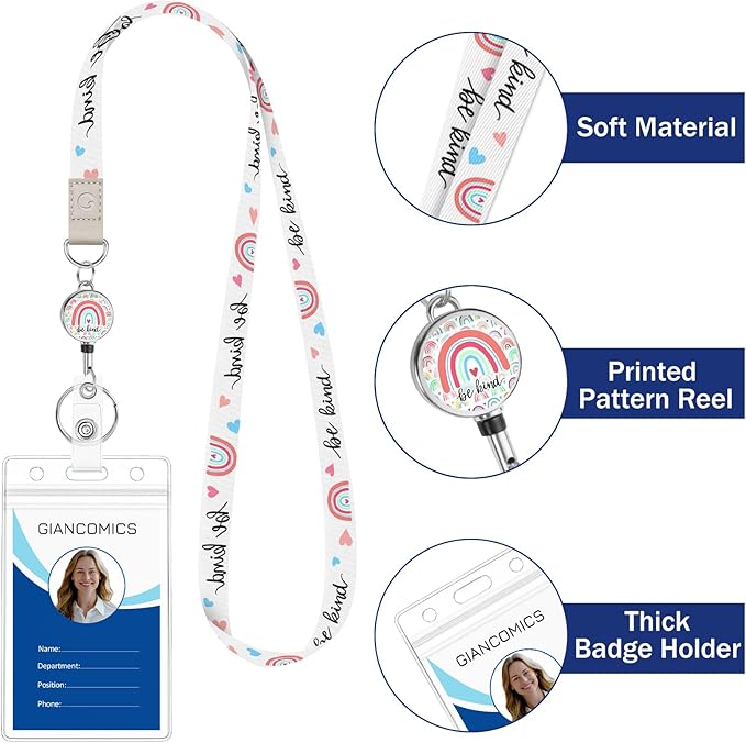Giancomics Be Kind Lanyards for Id Badges, Cute Rainbow Lanyards with Retractable Reel, Waterproof ID Badge Holder for Cruise Ships Cards Key, Work Name Tag Zip Card Protector 2 Pack