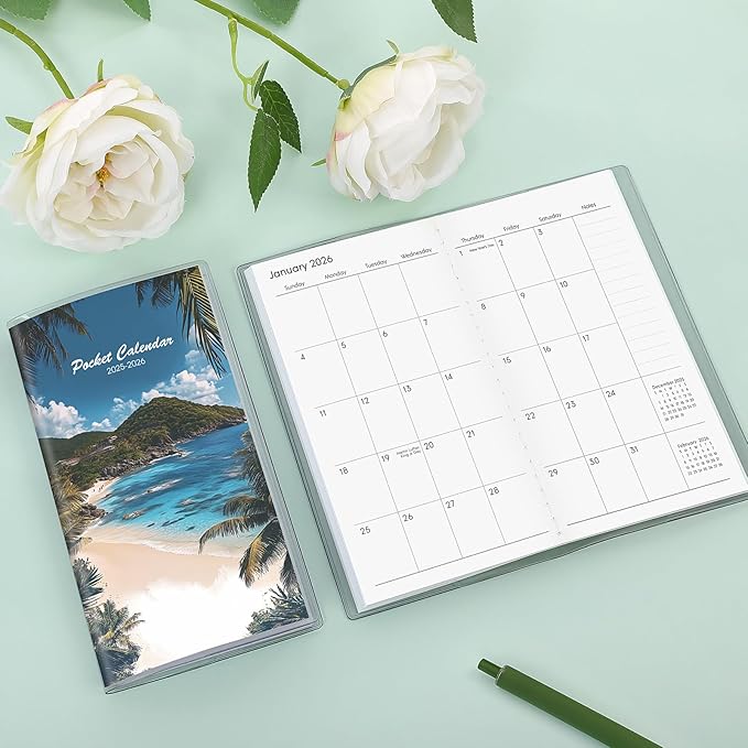 Pocket Calendar 2025-2026, Small Monthly Planner 2025-2026 - 3.7" x 6.7" - Runs from January 2025 Until December 2026, Pocket Calendar 2025 with Beach Cover for Planning