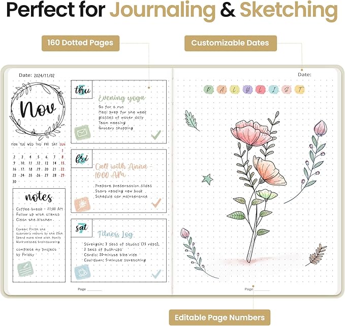 Bullet Dotted Journal Notebook for Women & Men, Hardcover Leather Journal for Writing, A5 Bullet Journaling Notebook for Work & Sketching, Perfect for Office School Home Supplies, 160 Pages, Beige Grey