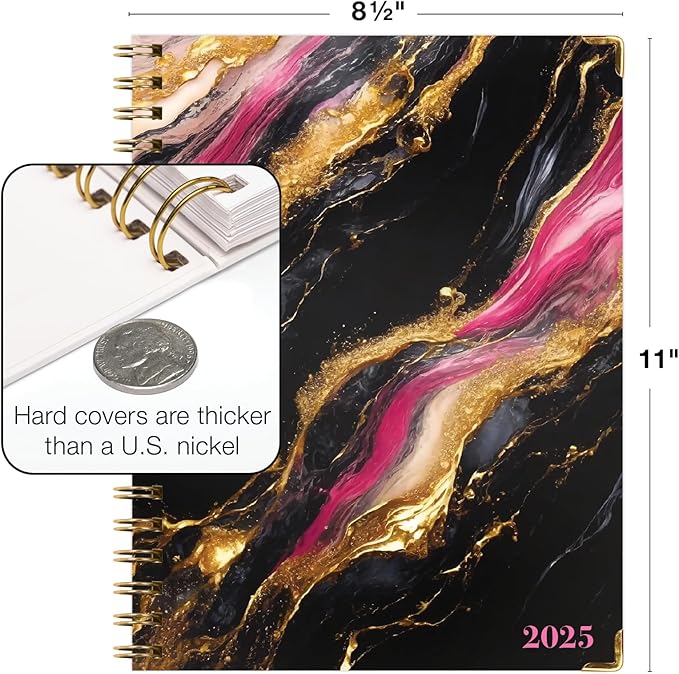 HARDCOVER 2025 Planner, 8.5"x11": 14 Months (November 2024 - December 2025), Daily Weekly Monthly Planner, Yearly Agenda, Bookmark, Pocket Folder and Sticky Note Set (Dark Gold Marble)