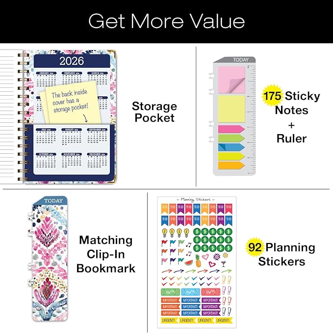 HARDCOVER 2025 Planner, 5.5"x8": 14 Months (November 2024 - December 2025), Daily Weekly Monthly Planner, Yearly Agenda, Bookmark, Pocket Folder and Sticky Note Set (Boho Ikat)