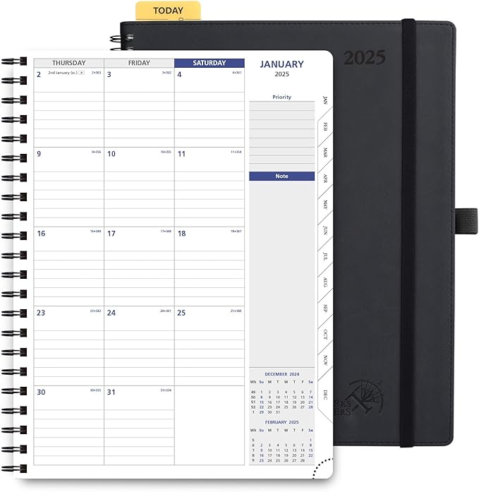 POPRUN 2025 Monthly Calendar Spiral Bound with Monthly Tabs 8.5" x 11", Large Writing Space Monthly Planner with PU Leather Soft Cover, Dual Pockets, Sunday Start - Black