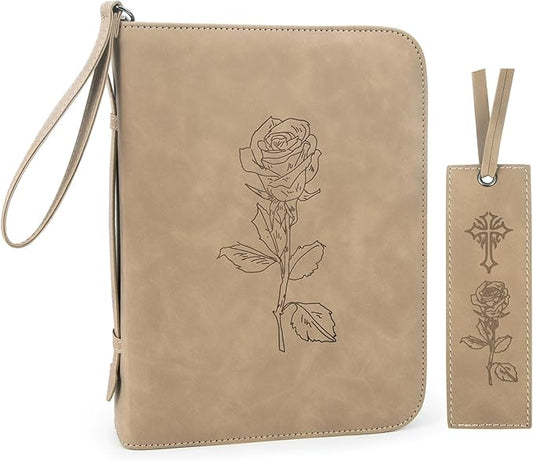 Leather Bible Cover for Woman & Men, Women’s Bible Case with Rose Bookmark for Bible Supplies-Girls Carrying Bag Tote with Strap, Personal Size Book Organizer for Journaling Bible-Khaki