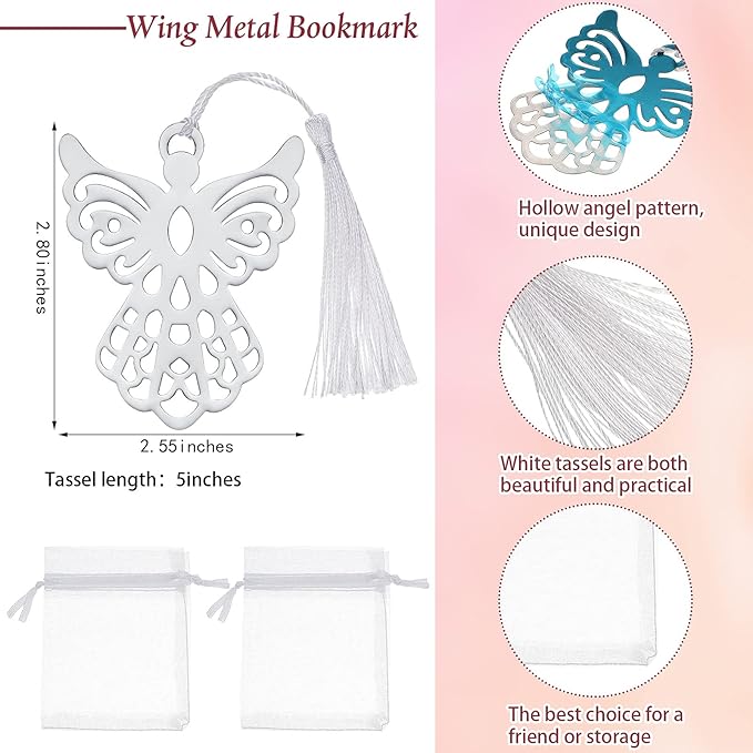 Chinco Metal Angel Bookmark Angel Charm Party Favors with Silky Tassels Angel Bookmark Bulk for Funeral Christmas Wedding Party Gift Book Lovers(40 Pieces)