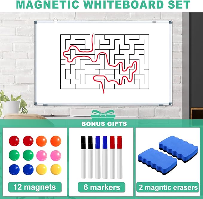 H-Qprobd Large Dry Erase White Board 4' x 3' Magnetic Whiteboard 48"x36" Aluminum Presentation Whiteboard with Long Pen Tray, 6 Markers, 2 Erasers &12 Magnets