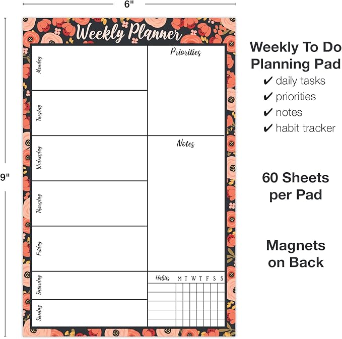 Global Printed Products 6" x 9" Vertical to-Do List and Weekly Planning Pad, 60-Sheets, Peach & Pink Floral