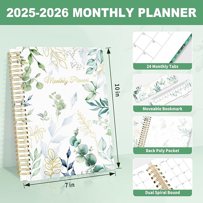 SUNEE 2025-2026 Monthly Planner - 24 Months (Jan 2025 - Dec 2026) Monthly Planner - 7"x10" Monthly Spreads & Yearly Planner, Eucalyptus