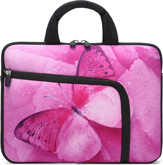 11.6 12 12.5 inch Laptop Sleeve Chromebook Case Ultrabook Case Notebook Sleeve Tablet Case Neoprene Handle Sleeve for Men Women, Two Pockets Fit Apple MacBook Air Samsung Acer HP DELL (Pink Butterfly)
