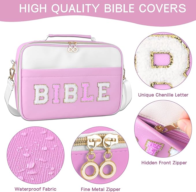 WOBANGEM Bible Cover Case for Women,Large Leather Bible Cases Christian Gifts for Women Men Girls,Preppy Chenille Letter Bible Bag with Shoulder Strap,Purple Bible Purse Bible Carrying Case for Women