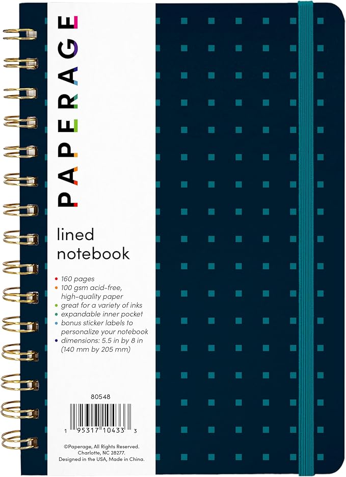 PAPERAGE Lined Spiral Journal Notebook, (Navy/Turquoise Dot), 160 Pages, Medium 5.5 inches x 8 inches - 100 GSM Thick Paper, Hardcover, Double-Wire Spiral Journal & Notebook