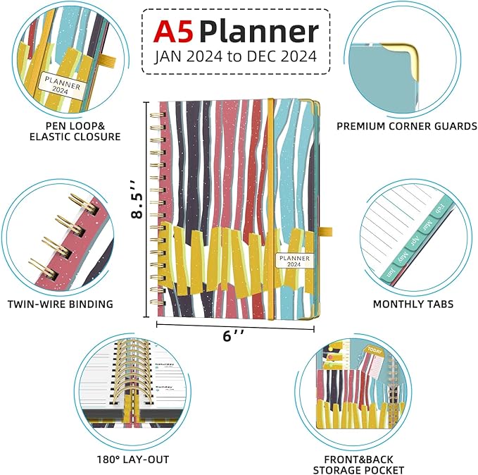 2024 Planner A5 Jan. 2024 - Dec. 2024 Calendar Monthly Planners with Monthly with Tabs Stickers Julian Dates for Teacher School Office - Colored Stripes EYROZILL