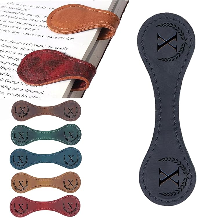 Personalized Magnetic Leather Bookmark, 26 Letters Custom Leather Bookmarks, Handmade, Leather Magnetic Bookmark for Book Lovers Readers Women Kid(Black，X）