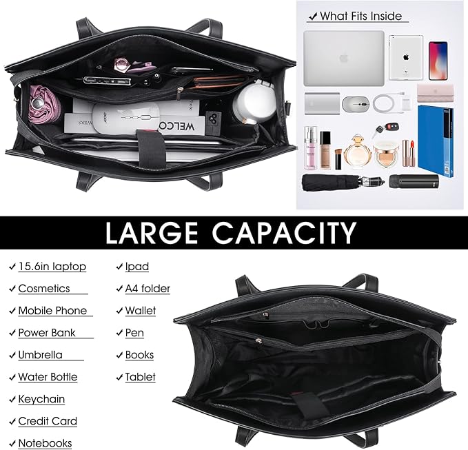 Laptop Bag for Women 15.6 Inch Laptop Tote Bags Waterproof Computer Bag Teacher Work Briefcase Large Capacity Leather Handbag Office Business Shoulder Bag 2PCS Plain Pattern