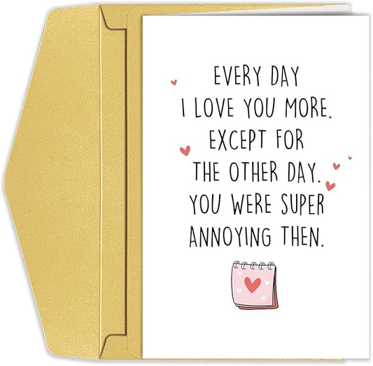 Funny Valentines Day Card for Him Her, Sarcastic Anniversary Card for Husband Wife, Witty Love Card, Birthday Card for Partner, Every I Love You More