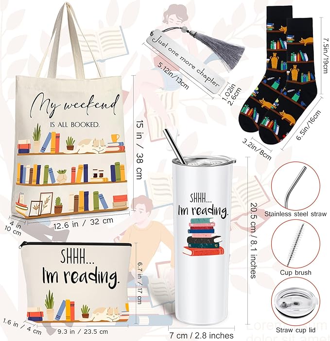 Silkfly 5 Pcs Book Lovers Gifts Set, Gifts for Book Lovers, Includes 20 oz Tumbler Socks Bookmark Tote Bag and Cosmetic Bag