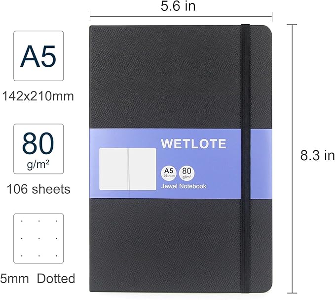 Dot Matrix Hardcopy Notebook - 5"x8"- Sourced from sustainable and excellent quality paper, minimalist, natural, portable and flexible design, good helper for study and record keeping, suitable for office, school and many other occasions(Black)