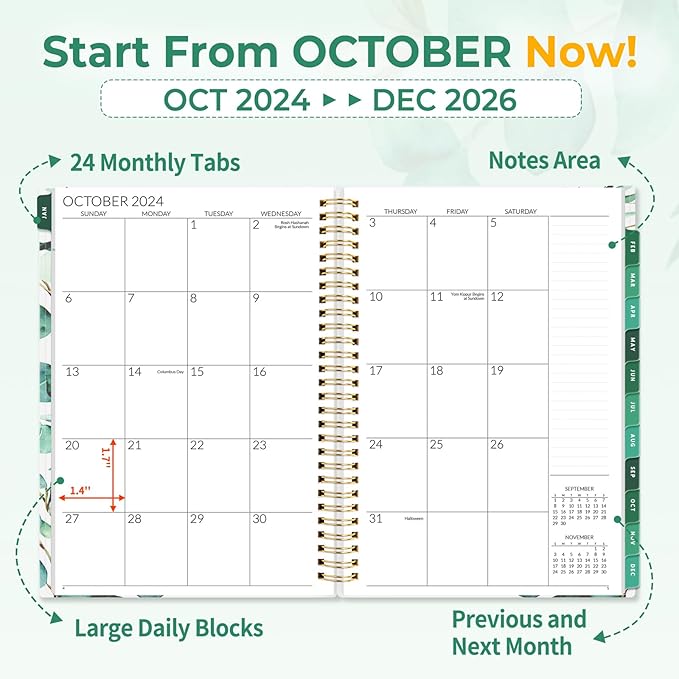 SUNEE 2-Year Monthly Planner 2025-2026 (Jan 2025 - Dec 2026) 7"x10" Monthly Spreads & Yearly Planner, Greenery