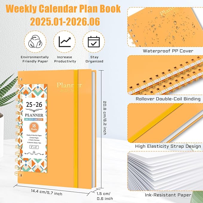 Monthly Planner 2025-2026 – Jan 2025 - Jun 2026, Academic Planner 2025-2026 Weekly, School Planner with Flexible Cover, Premium Thick Paper for School Work Office 5.7" x 8.2" – Orange