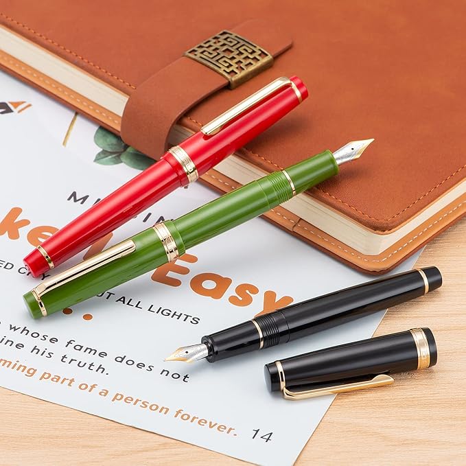 Jinhao 82 Black Acrylic Fountain Pen, Iridium Extra Fine Nib Classic Design Smooth Writing Pen with Ink Converter (Gold Trim)