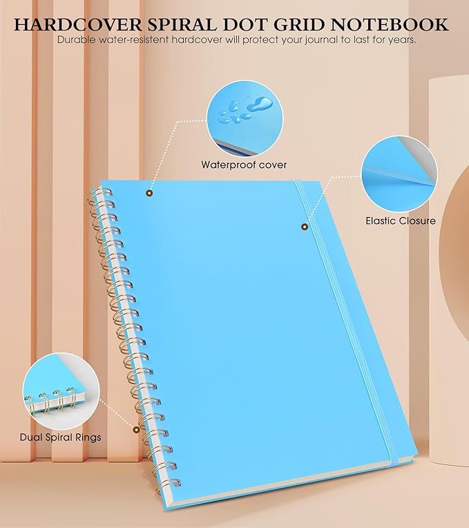 Dotted Notebook, Spiral Notebook Journal 8.5” x 11”, A4 Large Dot Grid Notebooks for Women Men, 100 GSM Dotted Paper, Plastic Hardcover Spiral Bullet Dotted Journals for Work School Sketching, Blue