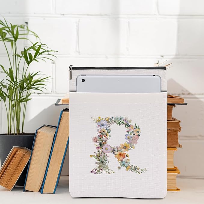 Monogrammed Book Sleeve Floral R Initial Book Pouch Book Accessories Book Lovers Gifts Waterproof Book Cover Book Protector Bookish Gifts Personalized Gifts for Women Girls Readers Bride Coworker