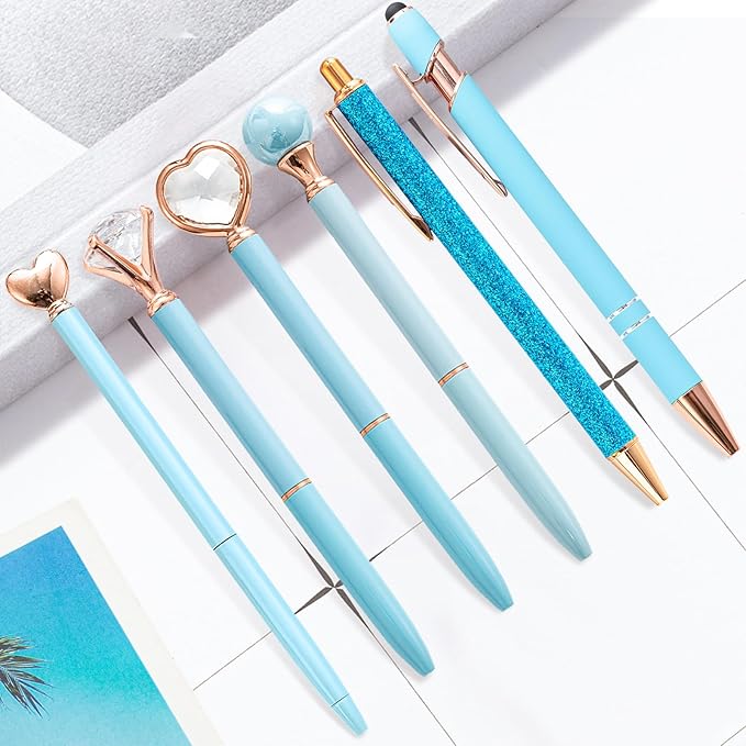 Fancy Pens for Women, 6 Pcs Blue Pens Ballpoint Pens Bulk, 1.0mm Medium Point Black Ink Pens for Note Taking, Cute Pens Smooth Writing Pens Gifts for Nurse Teacher (Blue)