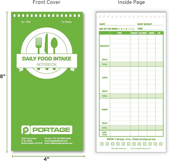 Portage Food Diet Journal - Notebook for Daily Food Intake with Template to Track Calories, a Food Diary, Meal Tracker – 4 x 8 Inches, 70 Sheets, 140 Pages, (Pack of 3)
