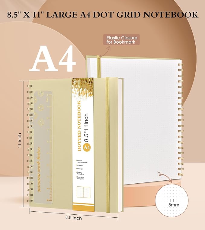 Dotted Notebook, Spiral Notebook Journal 8.5” x 11”, A4 Large Dot Grid Notebooks for Women Men, 100 GSM Dotted Paper, Plastic Hardcover Spiral Bullet Dotted Journals for Work School Sketching, Yellow