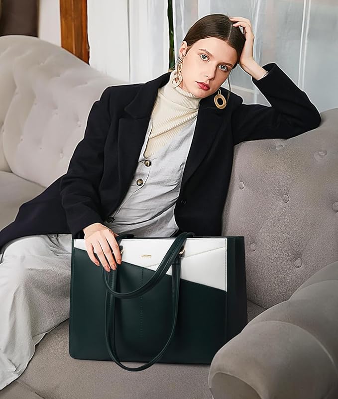 LOVEVOOK Laptop Bag for Women 15.6 Inch Tote Bags Waterproof Leather Briefcase Computer Women Business Office Work Bag,Green/White