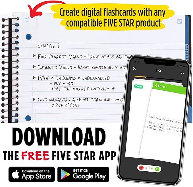 Five Star Advance Spiral Notebook + Study App, 3 Subject, College Ruled Paper, 11" x 8-1/2", 150 Sheets, With Spiral Guard and Movable Dividers, Black, 1 Count (73132)