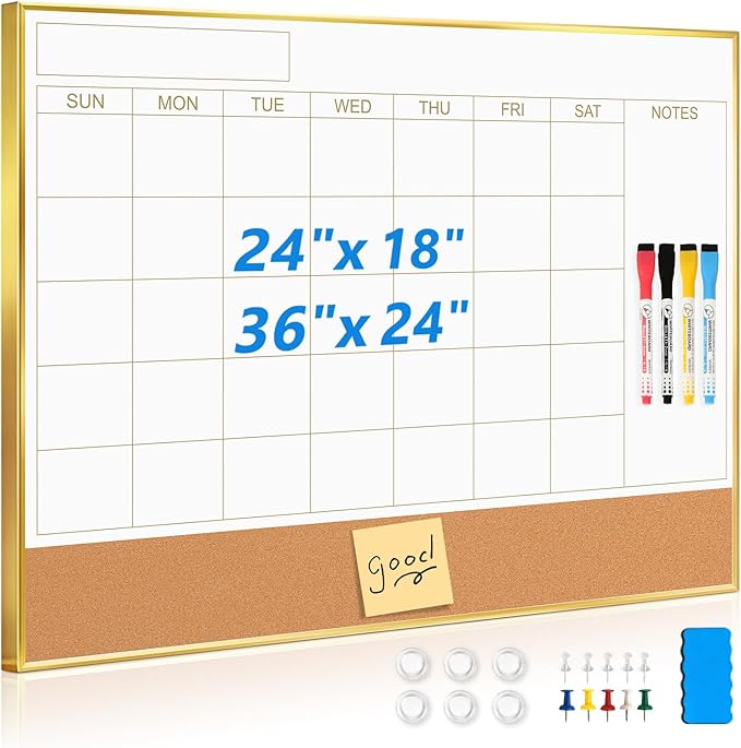 Magnetic Dry Erase Calendar Board for Wall - 36'' x 24'' Monthly Calendar Whiteboard with Cork Board - Gold Aluminum Frame