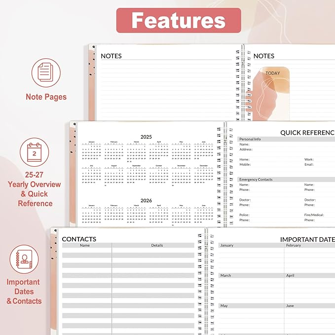 SUNEE 2025 Appointment Book, Quarter-Hourly, Weekly & Monthly - from January 2025 - December 2025, 8.5"x11" Weekly Planner, Flexible Cover, Note Pages, Pockets, Bookmark, Spiral Binding, Pink Breeze