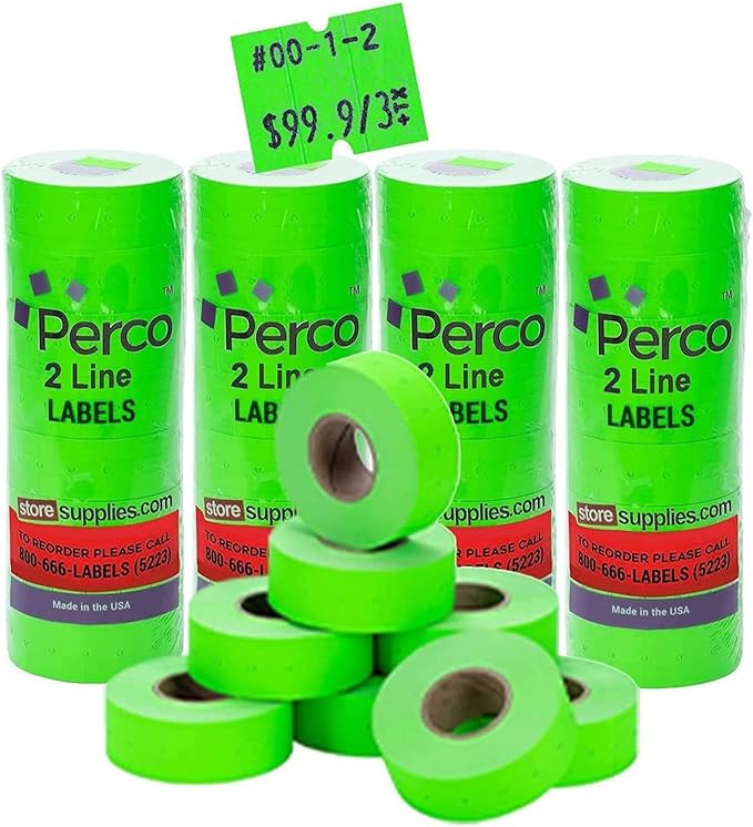 Perco 2 Line Fluorescent Green Labels - 32 Rolls, 4 Sleeves, 24,000 Blank Price and Date Gun Labels for Perco 2 Line Price and Date Guns - Made in USA