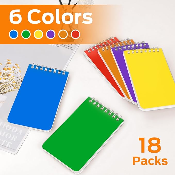 Pocket Notebook Bulk 3x5 Inch, 18 Packs Mini Top Bound Spiral Notepad, Small Pads 6 Colored, 60Sheets/120Pages (80GSM) Memo Notepads for Home, School, College, Office, Work, Travel