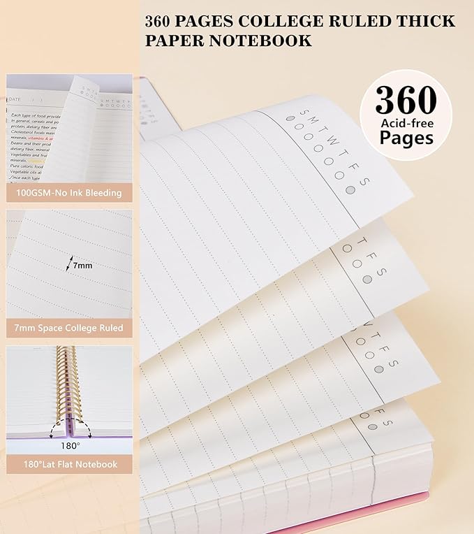Pink Spiral Notebook Journal,360 Pages College Ruled Notebook, Lined Thick Journals for Women Men,A5 Thick Spiral Journal for Writing,100GSM Paper, Spiral Notebooks for Work School 5.5"x8.5"