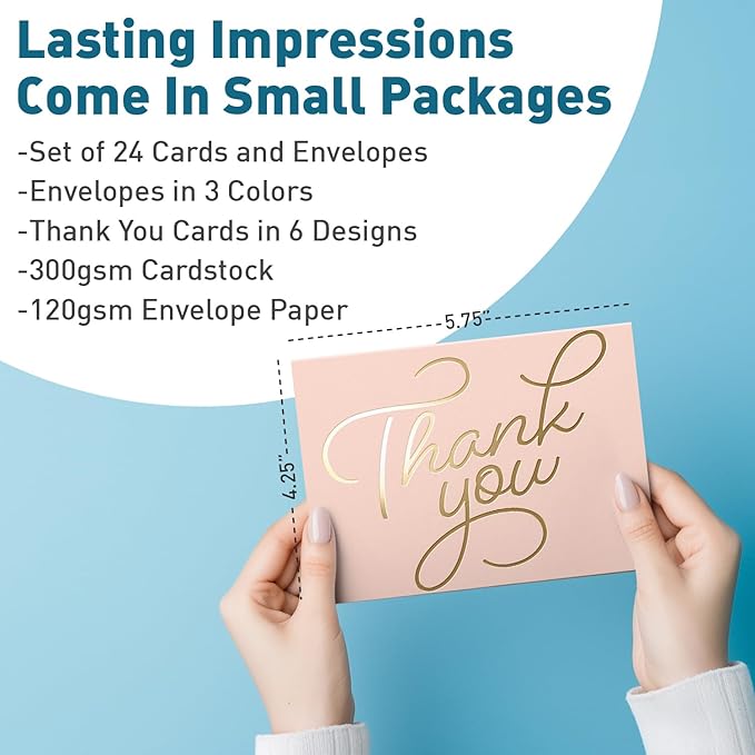 Sweetzer & Orange S&O Candy Thank You Cards with Envelopes - Blank Gold Foil sheets Set of 24 - Assorted Greeting Decor Cards, Pop Color Envelopes to Mix & Match