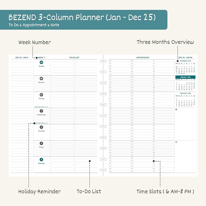 BEZEND 2025 Weekly Monthly Planner Disc-Bound, 8.5" x 11", Appointment Book 12 Months Agenda, Large Calendar Book with To Do List, Hourly Time Slots, Removable Pages, Tabs, Inner Pocket - Red