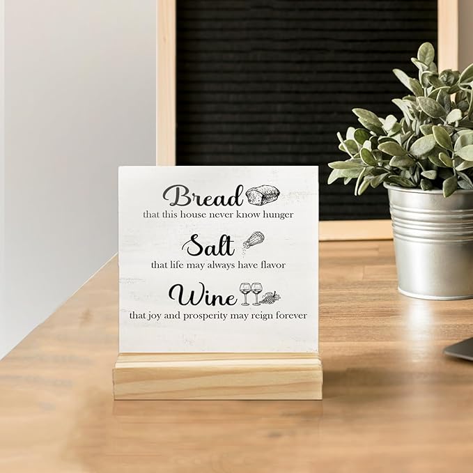 Wine Signs for Home Decor,Inspirational Desk Decor,Kitchen Decor Bread Salt Wine Wooden Sign Desk Decor for Farmhouse Home Kitchen Table Shelf Decoration, Housewarming Gifts for Woman