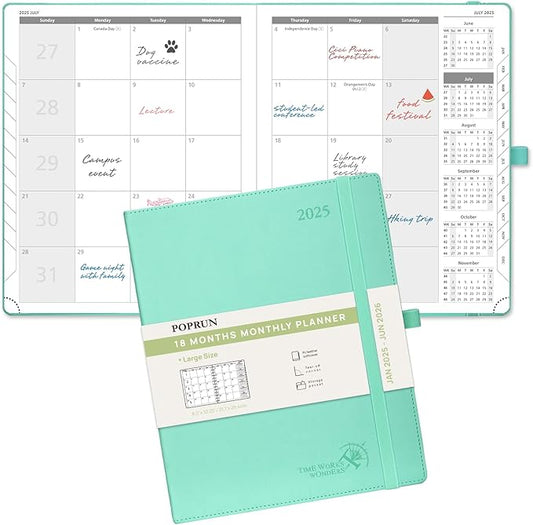 POPRUN Monthly Planner 2025-2026 (Large- 8.5" x 10.5" Soft Cover), 18-Month Calendar Book (January 2025-June 2026), Calendar Planner with Monthly Tabs & Pocket, 100 GSM Paper - Green