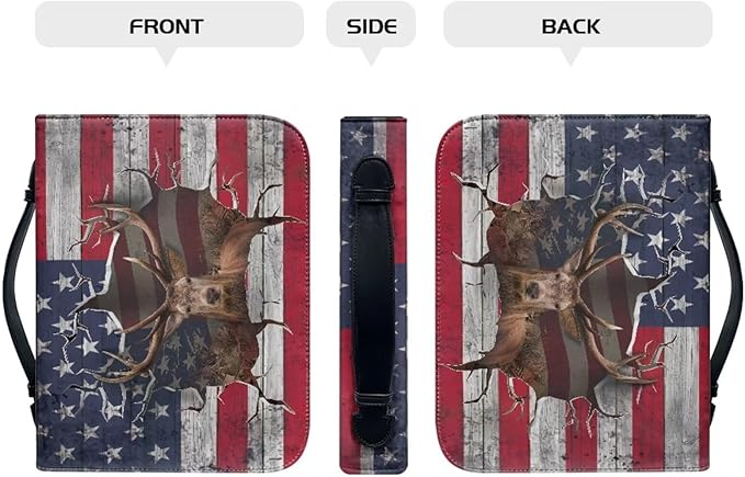 Lotusorchid Reindeer Bible Cover Case, Zippered Bible Carrying Case for Women Girls, Portable American Flag Bible Tote Bag Sturdy Bible Book Cover for Bible Study, Christian Bible Accessories,XL