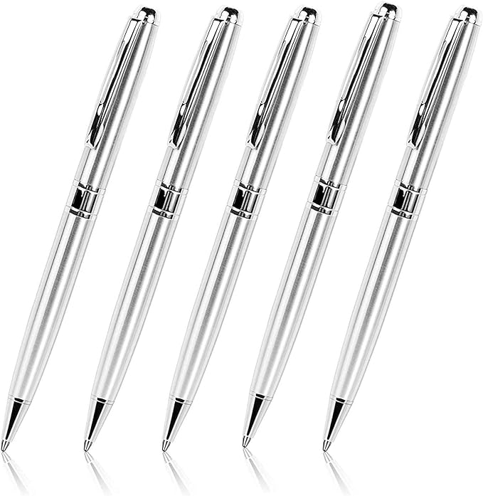 Cambond Ballpoint Pens Bulk Pens - Sliver Metal Pen Nice Luxury Pens for Men Business Office Police Comfortable Writing Twist Retractable 1.0 mm Medium Point Nice Pens, 5 Pack (Silver)