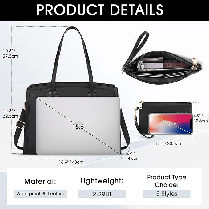 Laptop Bag for Women 15.6 Inch Laptop Tote Bags Waterproof Computer Bag Teacher Work Briefcase Large Capacity Leather Handbag Office Business Shoulder Bag 2PCS Plain Pattern