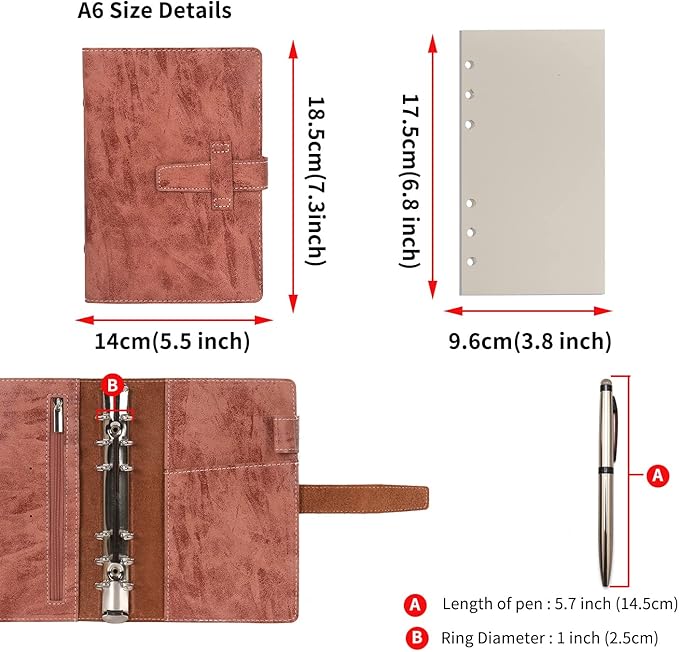 Wonderpool Leather Journal Refillable Binder A6 Writing Notebook Folder Organiser with Dotted Paper & Multi Pockets Cover for Business School Travel (A6, Brown)